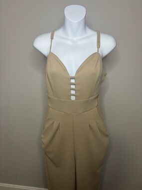 love J Beige Plunge-Neck Wide Leg Jumpsuit